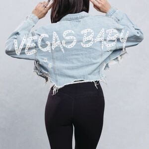 🔥Crop Denim Jacket Crystal Print 'Vegas Baby' Crystal Print Size M-L